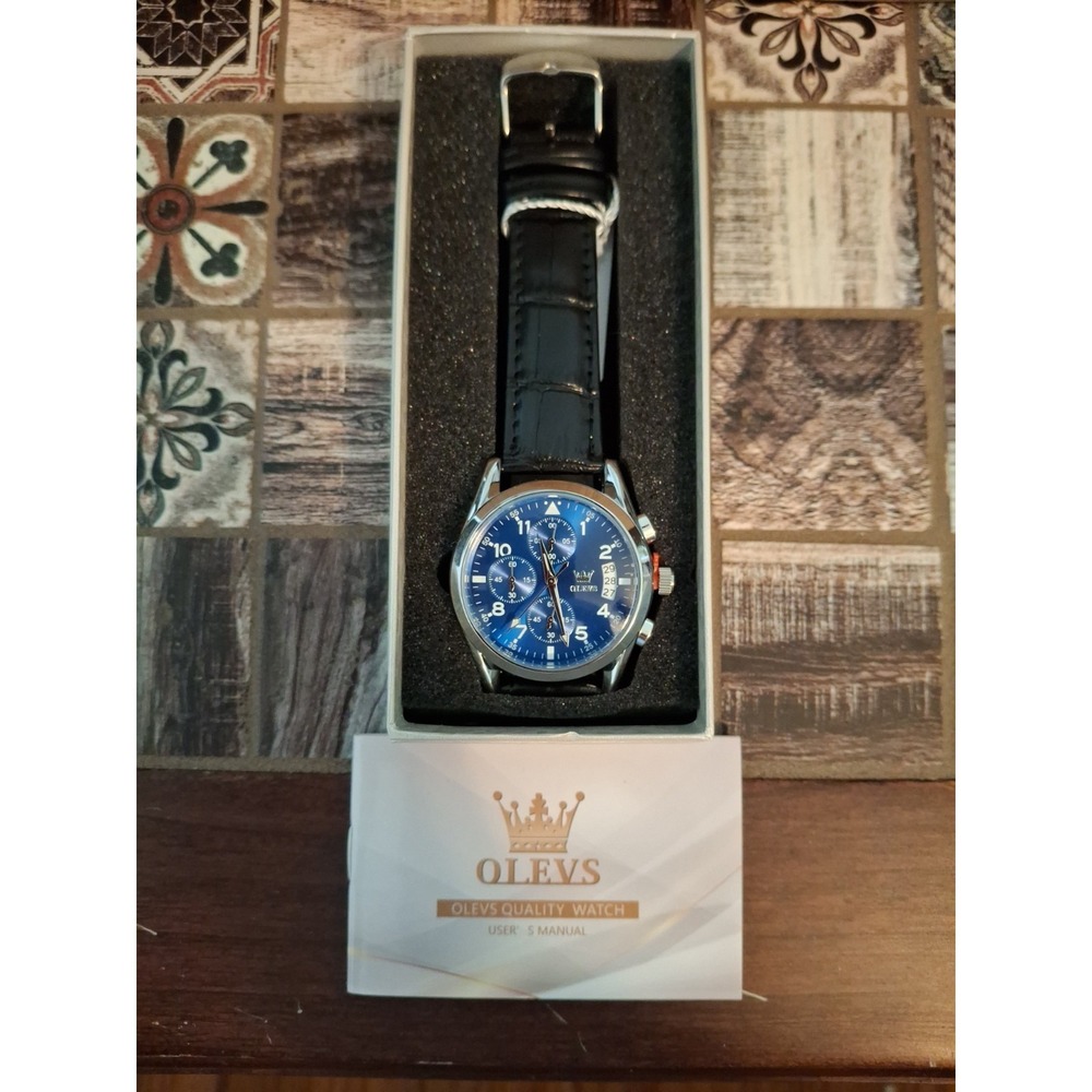NIB OLEVS 2878G Silvertone Mens Chrono Watch,Date,Black Leather Band,Quartz Mvmt - Picture 6 of 6
